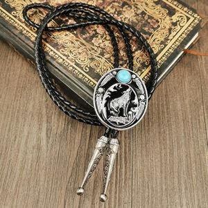 New Leather Silver And Turquoise wolf bolo tie approximately 40".